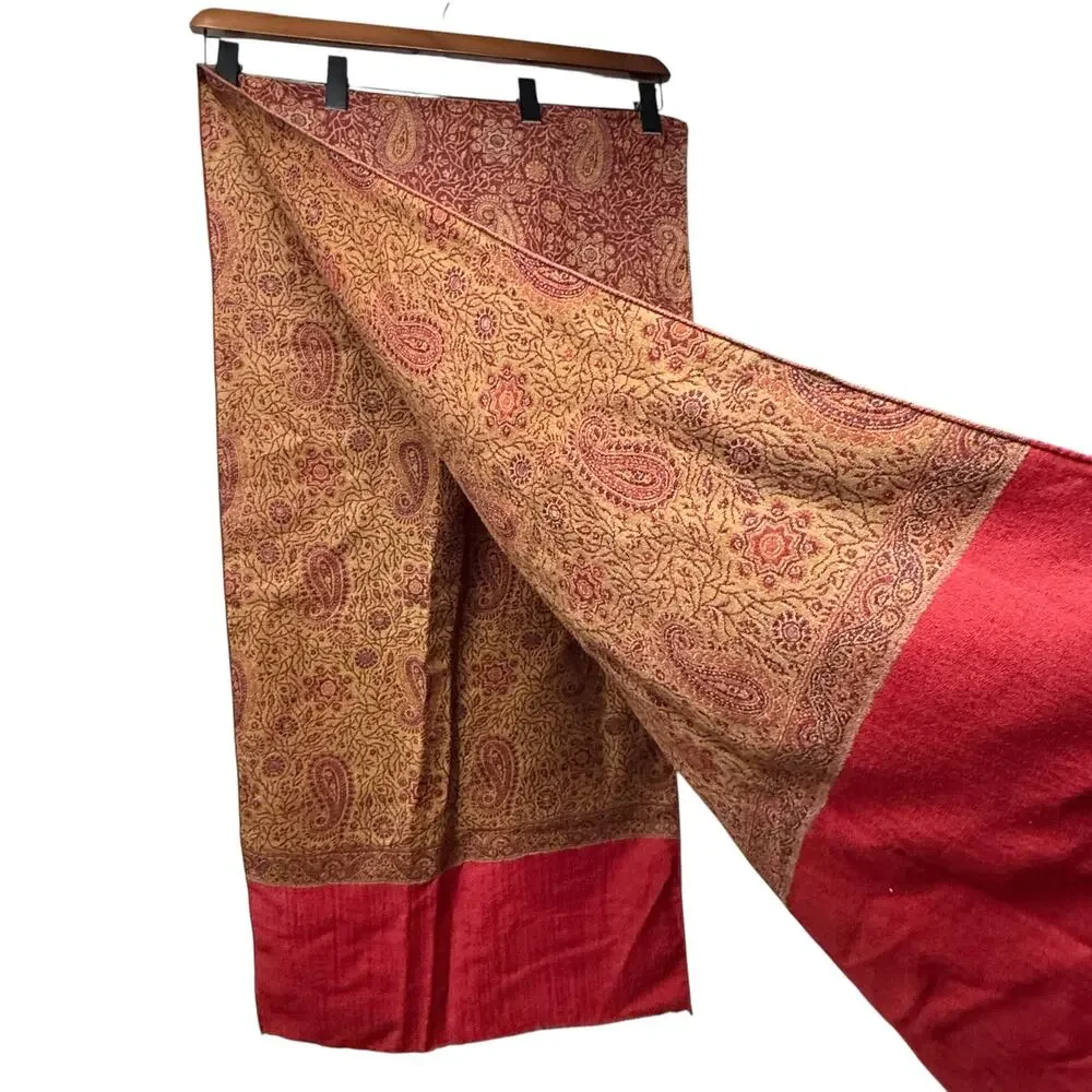 Pink Dot Collection 100% Wool Scarf Wrap Pashmina Magenta Tan Paisley 85” x 21”